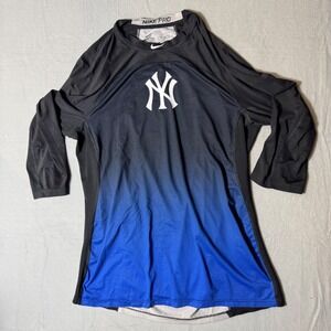Nike Pro Hypercool New York Yankees 3/4 Sleeve Shirt Mens XL Black Blue Ombre